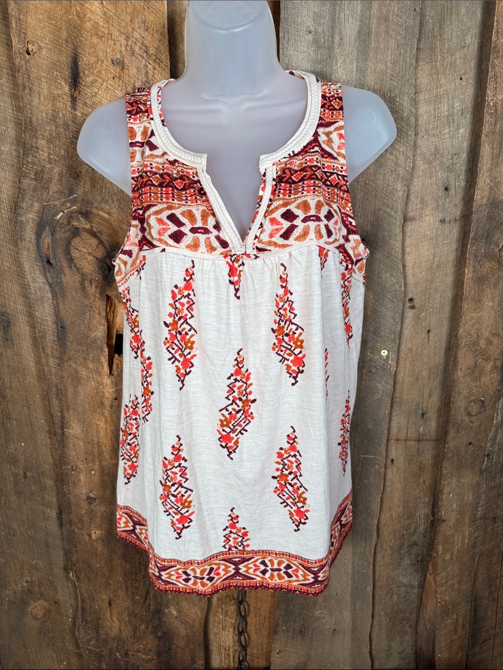 Akemi + Kin Boho Sleeveless Tank Top - Cream with Red & Orange Patter